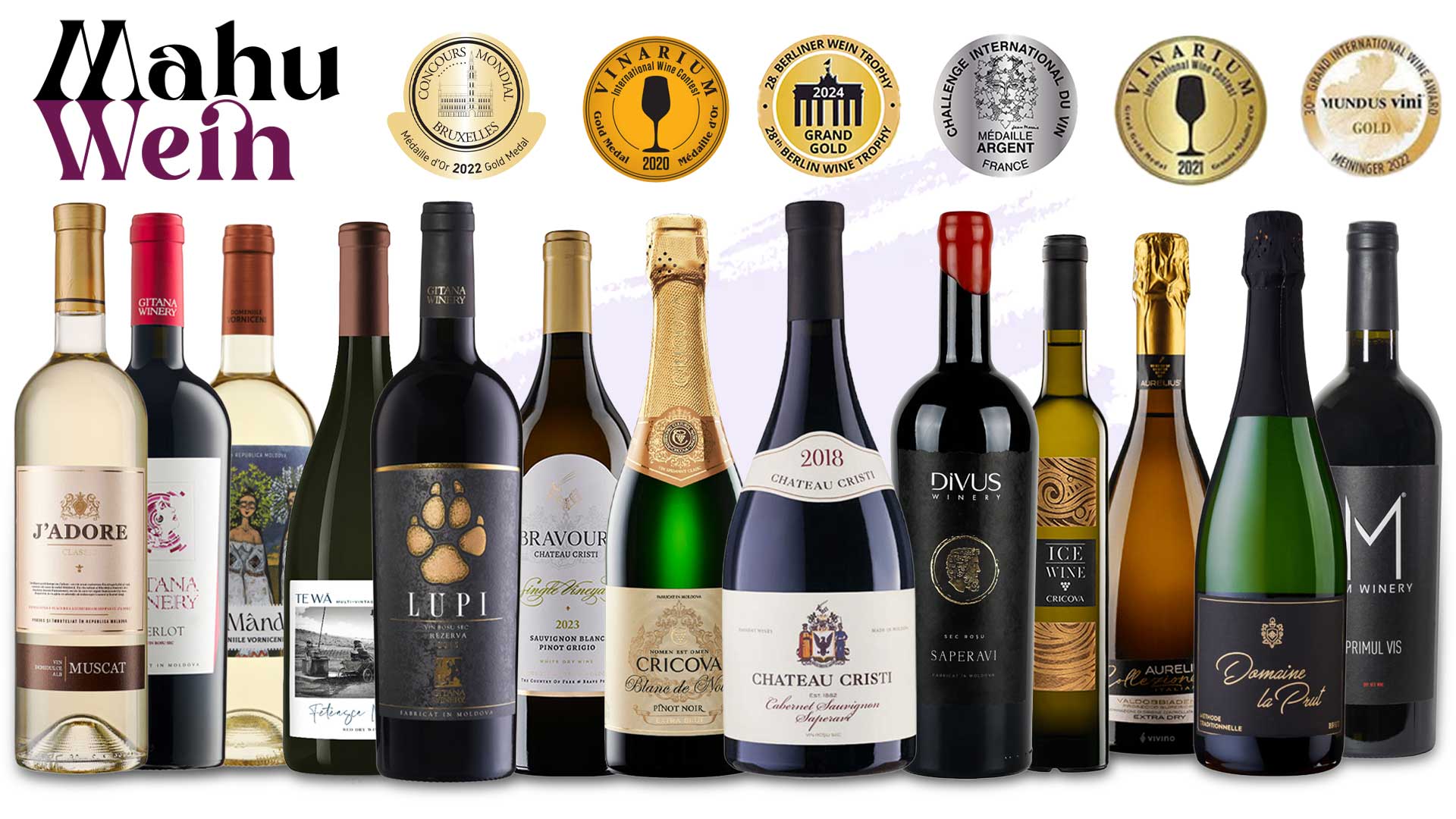 Auswahl moldawischer Weine – Cricova, Aurelius, Chateau Cristi, Divus, Domanine la Prut, Domeniile Vorniceni, Gitana, I'm Winery, J'Adore, und TeWa